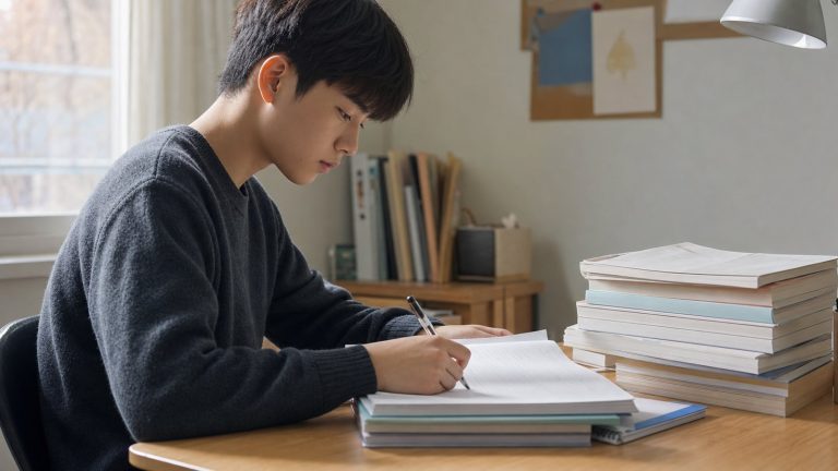 책상에 쌓인 수험서를 펼쳐 공인중개사 시험과목을 공부하는 모습