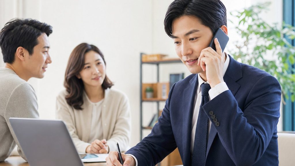 책상에서 서류와 노트북을 두고 상담 전화를 받는 공인중개사