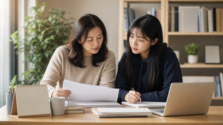 책상에서 성적 자료를 함께 검토하며 합격기준을 확인하는 두 사람